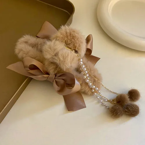Miniatura 4 de Jumwrit Pinzas para el cabello con mandíbula de plátano peludas con lazos, borlas de perlas y fijación fuerte para mujeres y niñas, accesorios