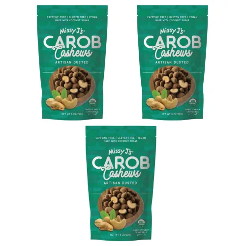 Missy J's Anacardos orgánicos cubiertos de algarroba de 8 onzas, paquete de 3, vegano, sin gluten, sustituto del chocolate, perfecto para aperitivos