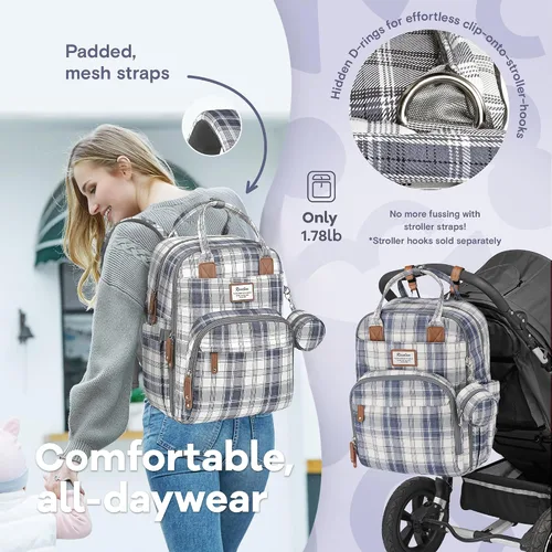 Miniatura 6 de RUVALINO Mochila para pañales, Paquete de viaje multifunción Bolsas cambiadoras para bebés de maternidad, gran capacidad, impermeable, cuadros azules