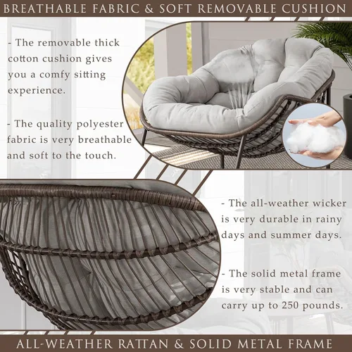 Miniatura 3 de Mecedora para patio al aire libre, cómoda silla mecedora de mimbre con cojín acolchado, silla de ratán de gran tamaño con marco de acero sólido