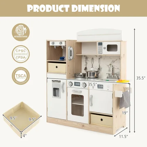 Miniatura 8 de HONEY JOY Juego de cocina para niños con luces, juego de cocina de madera con 2 contenedores de almacenamiento, cafetera, microondas, máquina