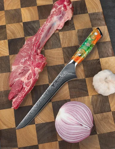 Miniatura 5 de Cuchillo de filete de 7 pulgadas, VG10 Damasco cuchillo para deshuesar peces con mango de resina - Serie Xuan (naranja fantasía)