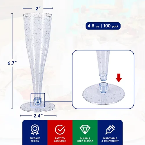 Miniatura 2 de JOLLY CHEF Paquete de 100 flautas de champán de plástico desechables de 4.5 oz, copas de champán de plástico con purpurina azul, adecuadas