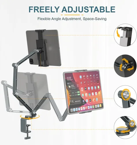 Miniatura 3 de Houele Soporte y Base para Tableta, Brazo Plegable Ajustable para Tableta iPad Soporte de Escritorio con Base Giratoria de 360°, Soporte para Gris