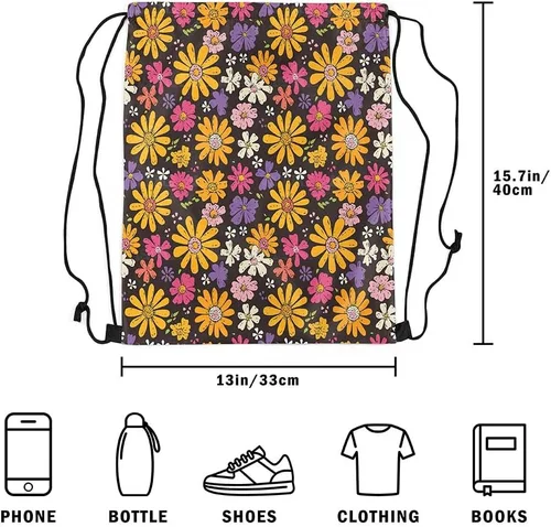 Miniatura 5 de jejeloiu Groovy Flower Gym String Bag 13"x15.7" Retro Floral Boho Drawstring Backpack for Decor 70S Hippie Flowers Bohemian Drawstring Bags Garden