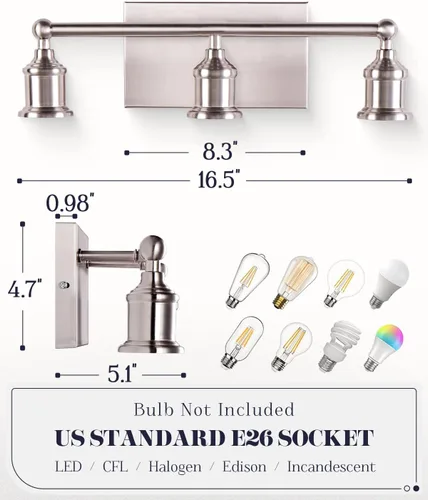 Miniatura 5 de Lámpara de tocador de 3 luces, moderna lámpara de pared de níquel cepillado, iluminación industrial de pared de tocador de baño para espejo, base