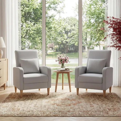 Miniatura 7 de COLAMY Mid-Century - Silla decorativa tapizada moderna con almohada trasera y patas de madera maciza, sillón acogedor de tela para sala de estar