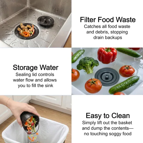 Miniatura 5 de LQS Conjunto de drenaje para fregadero de cocina, colador de fregadero de cocina con cesta de basura extraíble profunda, colador de cesta de Negro