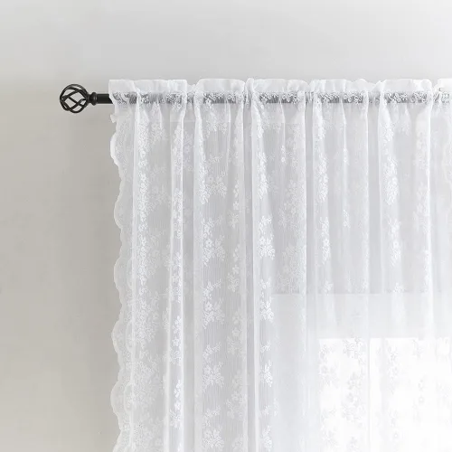 Miniatura 2 de YJ YANJUN Cortinas de encaje blancas traslúcidas de 96 pulgadas de largo, 2 paneles, cortinas de encaje floral de estilo antiguo para sala de estar