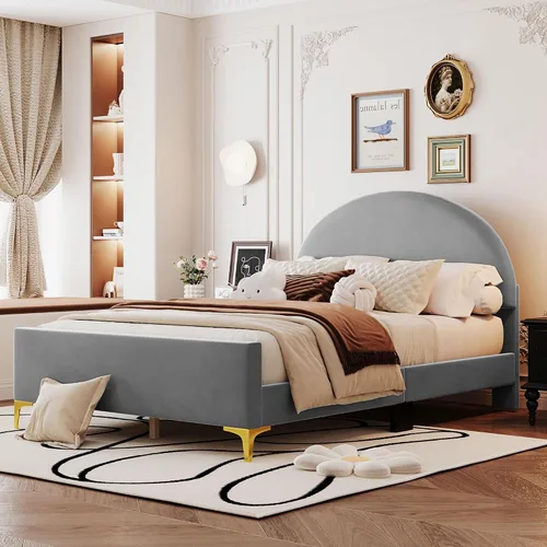 Miniatura 11 de Cama de plataforma tapizada de tamaño individual con cabecero en forma de oso y rayas de luz incrustadas, bonito marco de cama de plataforma