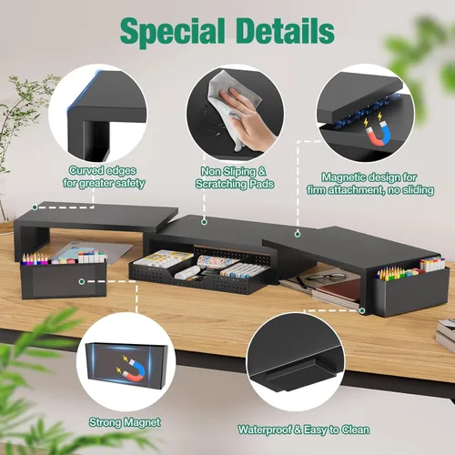 Miniatura 3 de OPNICE Soporte elevador de monitor doble con cajón y 2 soportes para bolígrafos, organizador de escritorio para suministros de oficina, soporte