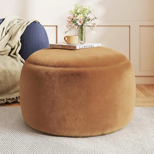 Miniatura 10 de Puf otomano redondo de relleno, pufs de piel sintética con relleno de espuma viscoelástica, otomanas para sala de estar, guardería, dormitorio, Gris