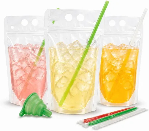 C CRYSTAL LEMON 100 bolsas de licor, bolsas de bebida para adultos con bolsas de pajita, bolsas de jugo con 100 popotes de bebida, bolsas de bebidas