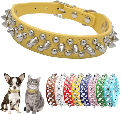 Miniatura 9 de Collar de perro con picos para perros pequeños, collar a prueba de mordiscos con picos para perros y gatos, cuero sintético tachonado con remaches