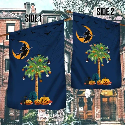 Miniatura 2 de Bandera de brujería de Halloween de Carolina del Sur, calabazas, palmeras, Carolina del Sur, bandera de jardín de Halloween