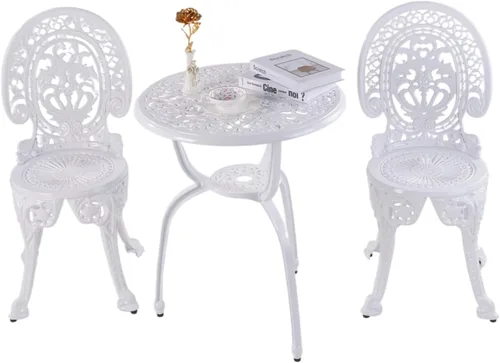Miniatura 8 de KAILI Juego de 3 muebles de patio de aluminio fundido para patio, jardín al aire libre, mesas y sillas a prueba de óxido, juego de bisrto blanco