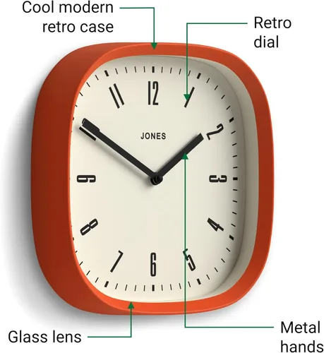 Miniatura 4 de JONES CLOCKS® Reloj de pared Marvel Reloj cuadrado redondo retro moderno 10 pulgadas naranja Aspecto de diseñador genial para cocina, sala