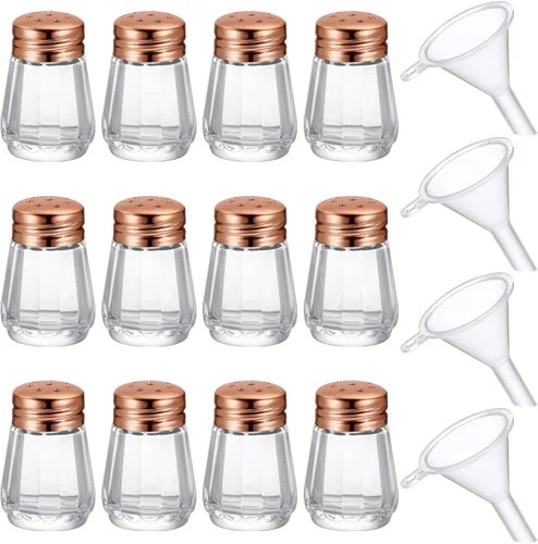 Miniatura 12 de Potchen 12 piezas saleros y pimenteros mini en forma de cubo a granel de 0.5 onzas pequeños de vidrio para especias con mini embudos de plástico