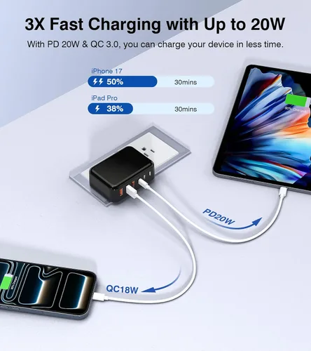 Miniatura 3 de Bloque de Carga Rápida, Cubo de Estación de Carga GaN de 6 Puertos USB C, Cargador de Pared de 100W de Tipo C de Múltiples Puertos con Enchufe