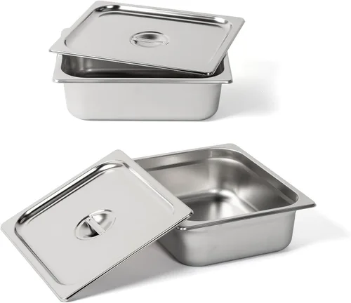 Miniatura 2 de ROVSUN Sartén de hotel de tamaño medio, paquete de 2 bandejas de mesa de vapor de 4 pulgadas de profundidad con tapa, acero inoxidable antiatascos