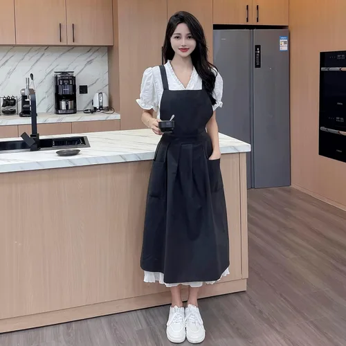Miniatura 7 de Pinafore - Delantal, de lino y algodón japonés, con espalda cruzada para mujer, con bolsillos, vestido con lazos en la cintura (negro)
