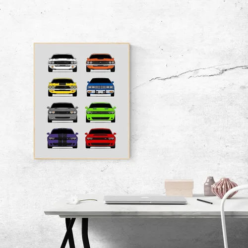 Miniatura 3 de Custom Car Posters Póster hecho a mano compatible con Dodge Challenger Generations e impresión de Challenger SRT, multicolor, impresión metálica