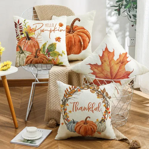 Fundas de almohada de otoño con diseño de calabaza y hojas de arce naranja para el hogar, 18 x 18 pulgadas, decoración de agradecimientos bendecidos