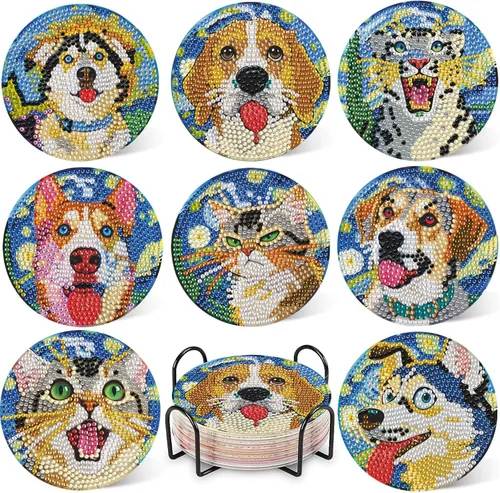 Miniatura 9 de DOTZSO Juego de 8 posavasos de arte de diamante con soporte, kits de arte de diamantes para adultos principiantes, pequeños posavasos de pintura