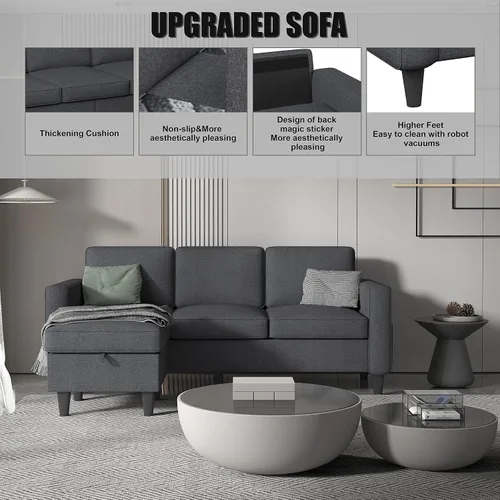 Miniatura 6 de Sofá seccional convertible gris oscuro, moderno sofá tapizado de tela de lino en forma de L con bolsillos para reposabrazos, sofá de 3 plazas