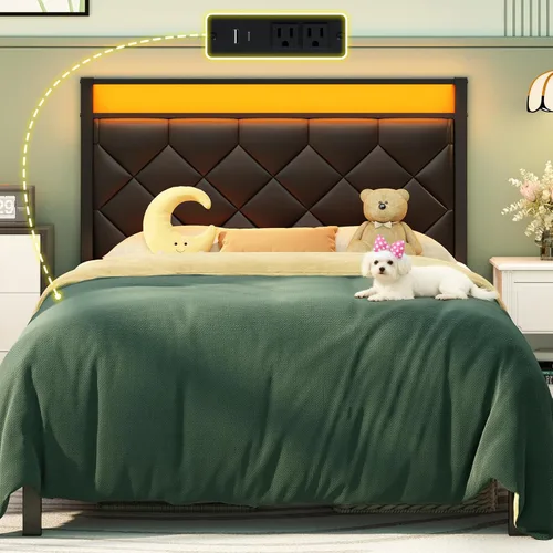 Base de cama individual con estación de carga, luz LED y cabecera tapizada de piel sintética, base de cama de plataforma con almacenamiento debajo