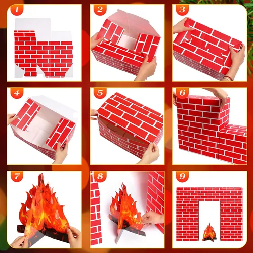 Miniatura 4 de Fullhawl Chimenea de cartón de ladrillo rojo artificial 3D de 39 x 35 pulgadas, chimenea de Navidad con llama de fuego 3D, telón de fondo falso