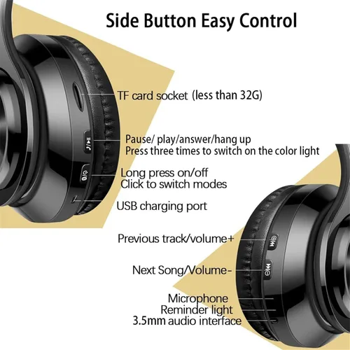 Miniatura 3 de Auriculares Bluetooth sobre la oreja, auriculares inalámbricos con reducción de ruido y micrófono/bajo profundo, auriculares LED plegables y ligeros