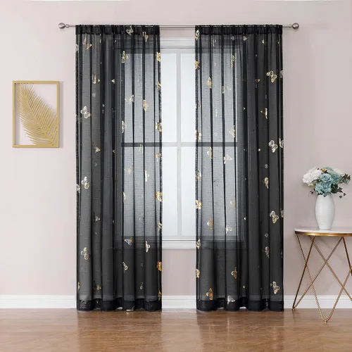 Miniatura 10 de Jubilantex Paneles de cortinas transparentes de mariposas negras y doradas de 52 pulgadas de ancho para dormitorio de niñas, elegantes cortinas