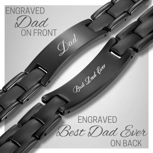 Miniatura 2 de Willis Judd Pulsera de titanio negra con la frase "Best dad ever" para PAPá, grabada, ajustable y caja de regalos incluida