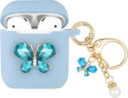 Wonhibo Funda para Airpods para mujeres y niñas, bonita funda de mariposa para Airpod 1 y 2 con llavero (azul)