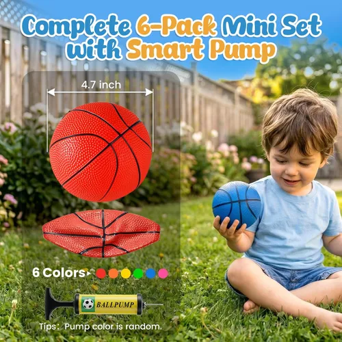 Miniatura 2 de Shindel Mini baloncesto, 6 pelotas de baloncesto de 4.7 pulgadas con bomba para regalos de cumpleaños para niños pequeños, pelotas de patio