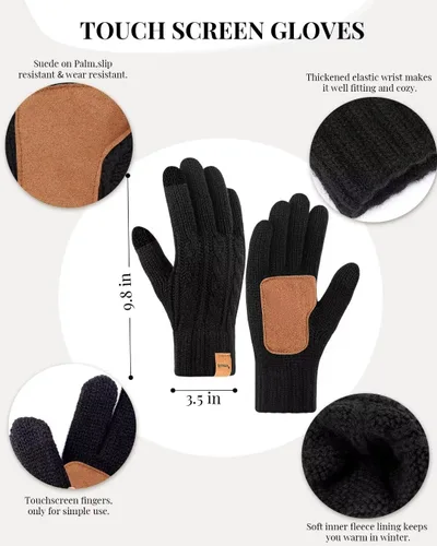 Miniatura 3 de Conjunto de gorro, bufanda y guantes de invierno para mujer, gorro con forro polar con doble pompón, guantes para pantalla táctil, bufanda de punto