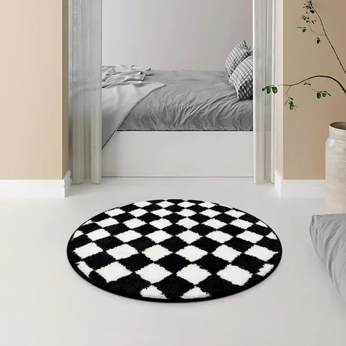 Miniatura 7 de Alfombras redondas a cuadros para baño, lavables a máquina, negras y blancas de 2 pies, alfombrilla de baño antideslizante y absorbente, alfombra