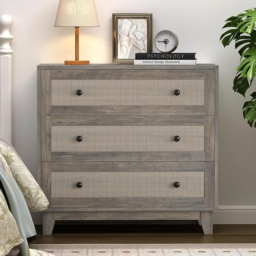 Miniatura 8 de Cómoda de 3 cajones para dormitorio, pequeña cómoda bohemia de ratán natural para armario, cajonera, organizador moderno de almacenamiento de ropa