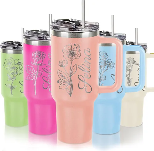 Vaso personalizado de 40 onzas con asa y tapa con pajilla, botella de agua de acero inoxidable personalizada con nombres y flores de nacimiento,
