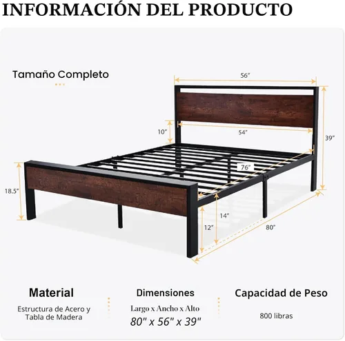 Miniatura 2 de SHA CERLIN Base de cama de plataforma de metal de tamaño completo de 14 pulgadas con cabecero y pie de cama de madera, base de colchón, no necesita
