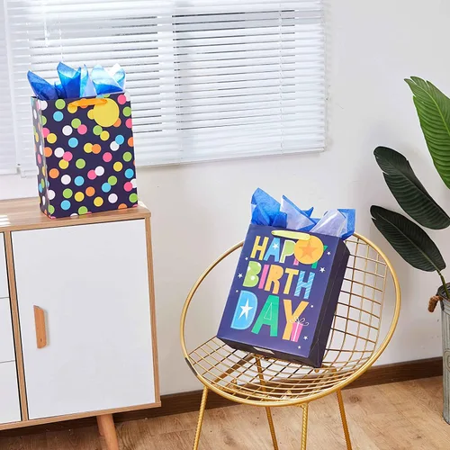 Miniatura 2 de SUNCOLOR Paquete de 2 bolsas de regalo grandes de 13 pulgadas con papel de seda para él, feliz cumpleaños, bolsas de papel ecológicas con asas
