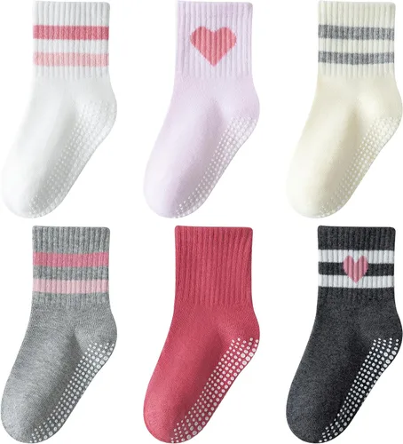 Miniatura 7 de Calcetines de agarre para niños pequeños, antideslizantes, unisex, con rayas retro sin costuras, calcetines de algodón para niñas y niños, 6 pares