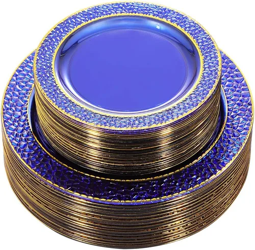 Miniatura 9 de Nervure - Platos de plástico, negro transparente con diseño de borde dorado desechables, platos de plástico para fiestas de boda, incluye 51 platos