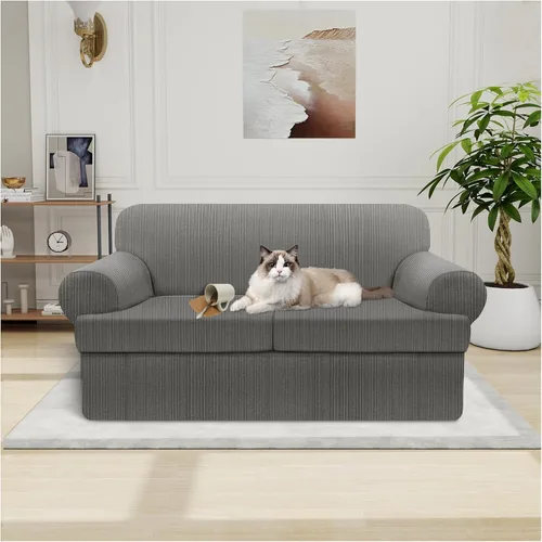 Miniatura 87 de Funda impermeable para silla con brazos, juego de 2 piezas, funda a rayas para 1 sofá separado con cojín en T, fundas de sillón de tela