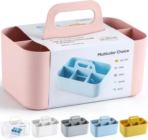 Organizador Caddy Multiusos con Asa - Contenedor de Plástico Apilable Tote - Suministros de Arte y Manualidades, Oficina, Escritorio, Papelería, Rosa