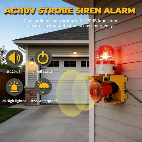 Miniatura 2 de AC110V Sirena Industrial de Alarma con Luz Estroboscópica - Bocina Fuerte de 120dB y Luz de Advertencia de Baliza Roja Impermeable para Emergencias