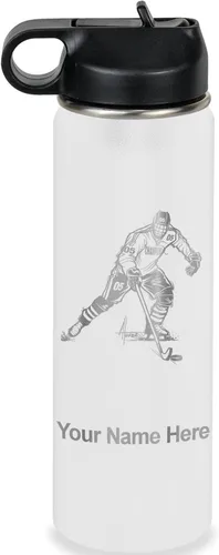Miniatura 72 de LaserGram Botella de agua personalizada, jugador de hockey, acero inoxidable de doble pared aislada al vacío con popote superior, regalo grabado