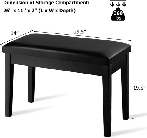 Miniatura 3 de GOFLAME Banco de piano dúo, negro, piel sintética, construcción de madera maciza, almacenamiento de música oculto, capacidad de carga de 360 libras