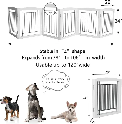 Miniatura 6 de ZJSF Puerta plegable independiente para perros, puerta de madera extra ancha blanca para cachorros, 6 paneles, puertas altas para mascotas